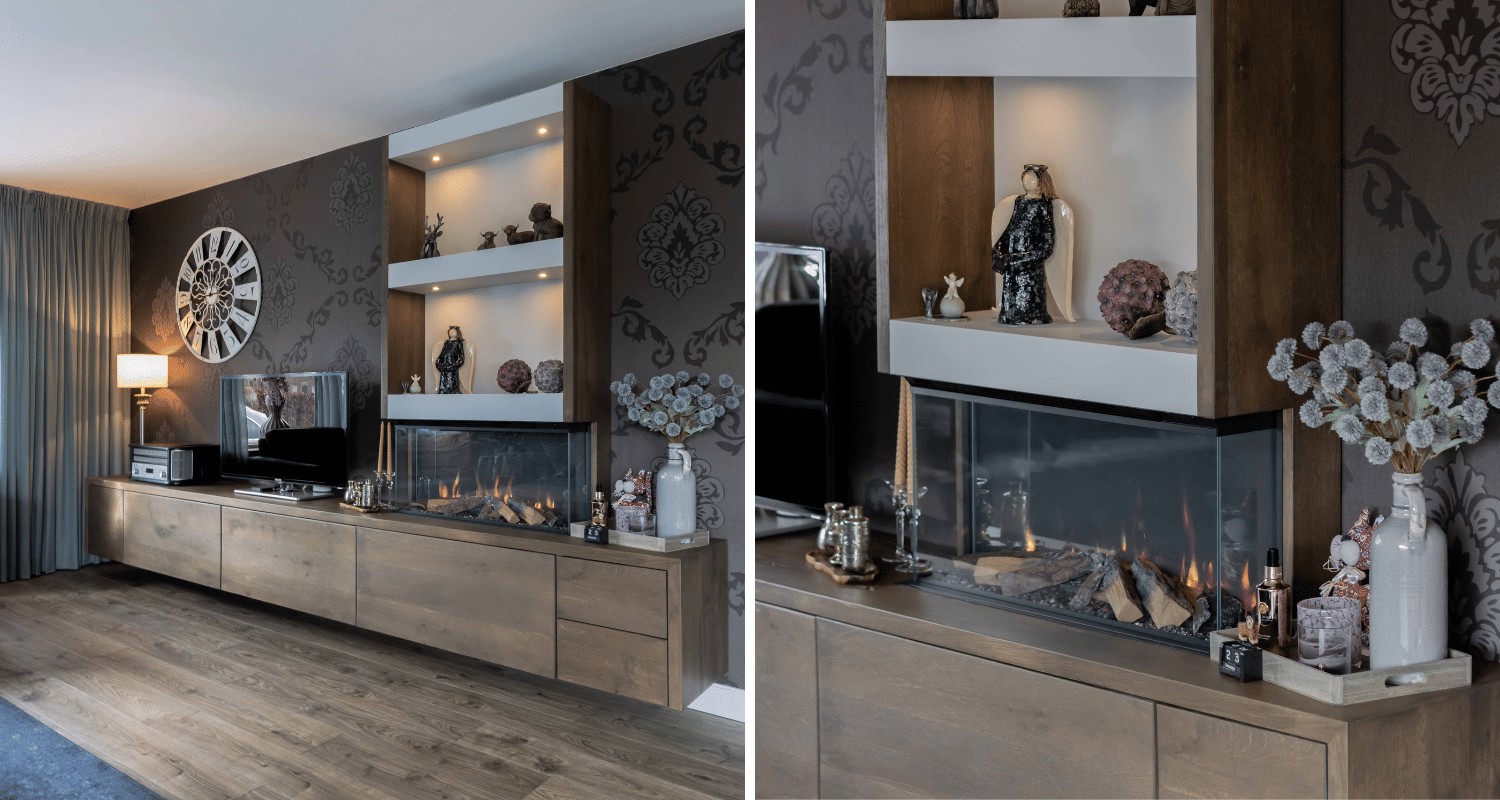 Tv meubel met geïntegreerde kachel, maatwerkproject van Weij Maatwerk en Interieur